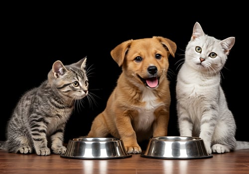 Three cats and a dog sitting next to bowls of food photo