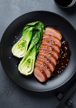 A plate with meat and vegetables on it photo