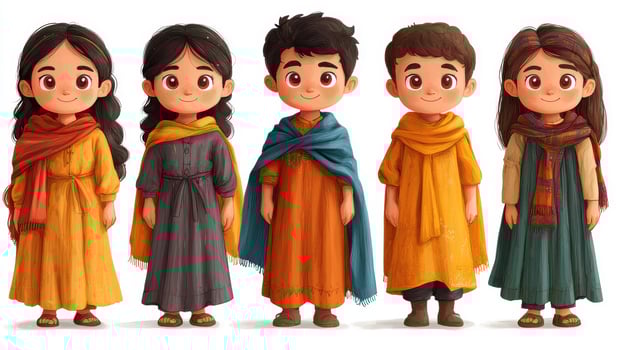 Five children in colorful traditional clothing, smiling happily together photo