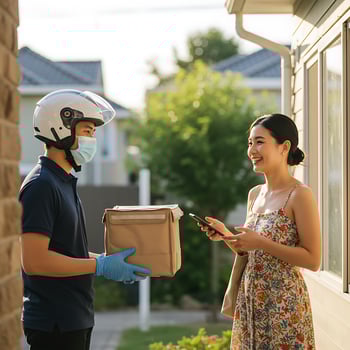 A man wearing a mask and gloves delivering a package to a woman photo