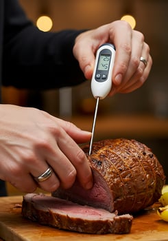 A person using a thermometer to check the temperature of a roast photo