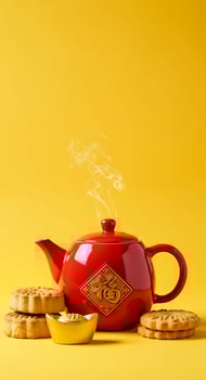 A red teapot with a steaming cup of tea and cookies photo