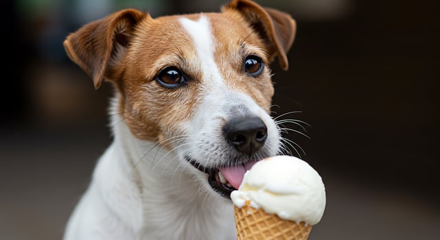 A dog holding an ice cream cone photo