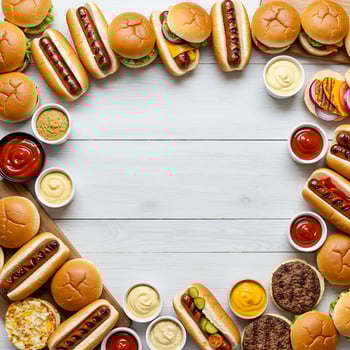 A circle of hamburgers and hot dogs on a white table photo