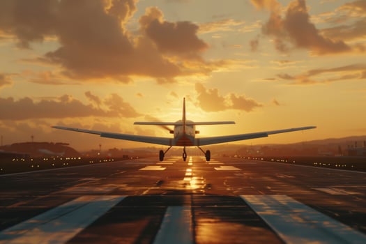 Airplane in the air over the runway against sunset background, evening photo