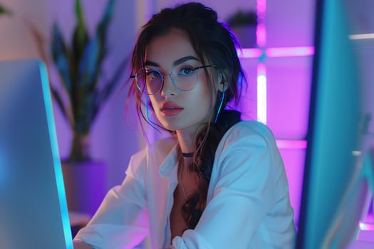 Young female manager sitting at desk in creative office with neon light, using laptop in marketing agency. photo