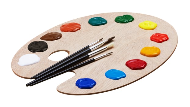 Wooden art palette with a paints and a brushes photo