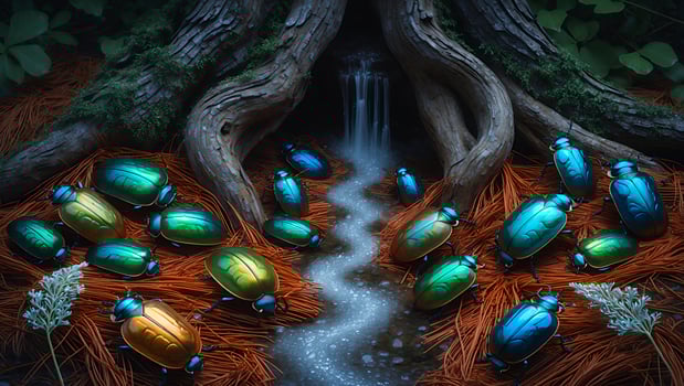 Shiny Beetles Gathering Near a Small Stream in a Forest Setting photo