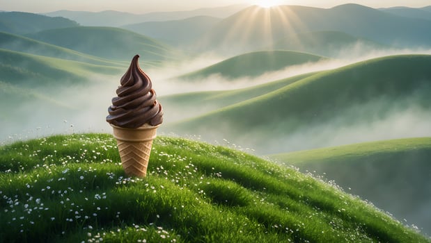 Chocolate Ice Cream Cone on Green Hill with Rolling Hills photo