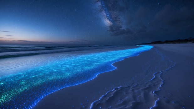 Bioluminescent Waves Washing Ashore at Night Under a Starry Sky photo