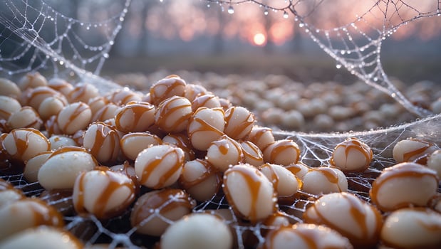Candied Treats Piled High with Syrup Drizzle and Web Decoration photo