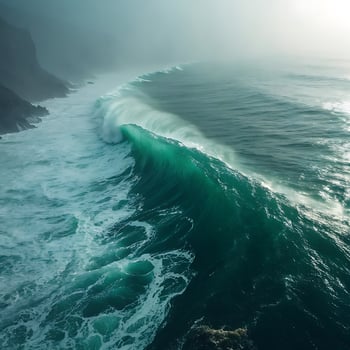 Powerful ocean wave crashing against a rugged coastline in misty weather photo