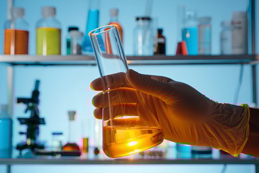 Chemist examining glowing yellow liquid in test tube, pharmaceutical development concept photo