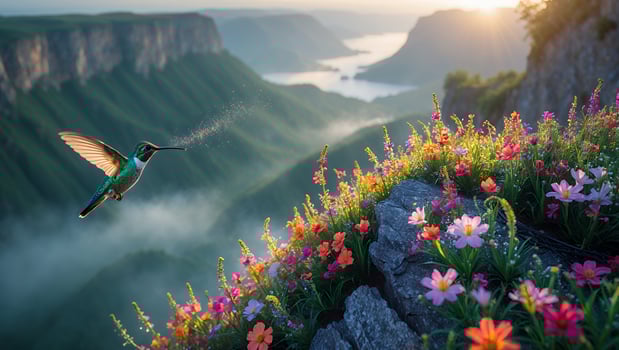 Hummingbird Flying Near Flowers on a Cliff with a Mountain View photo