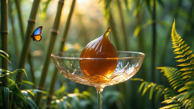 Fig in Glass Bowl with Butterfly in Lush Green Forest photo