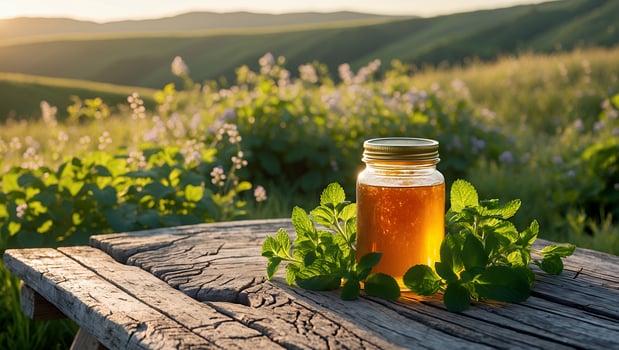 Honey Jar and Fresh Mint on Wooden Table in Sunlit Meadow photo