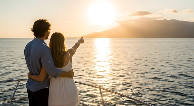 A couple embracing on a boat at sunset with a woman pointing at the horizon over the ocean water photo