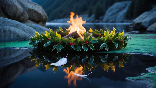 Burning Campfire with Holly Wreath and Reflection in Calm Lake Water photo