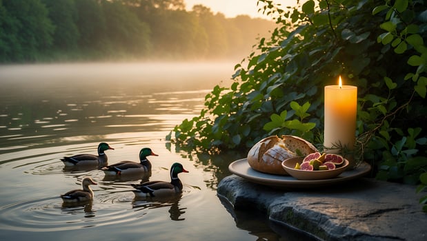 Ducks Swim Near Lakeside Picnic at Dawn with Lit Candle photo