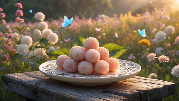 Round Pastries Displayed with Butterflies in a Sunny Flower Field photo