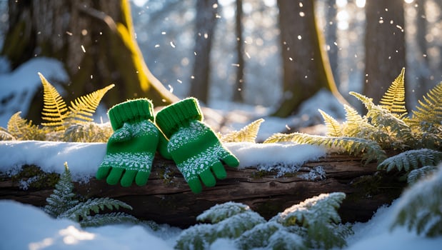 Green Winter Gloves Sitting on Snowy Log in Forest Landscape photo
