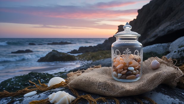 Jar of Beach Stones on Burlap at Sunset by the Ocean photo