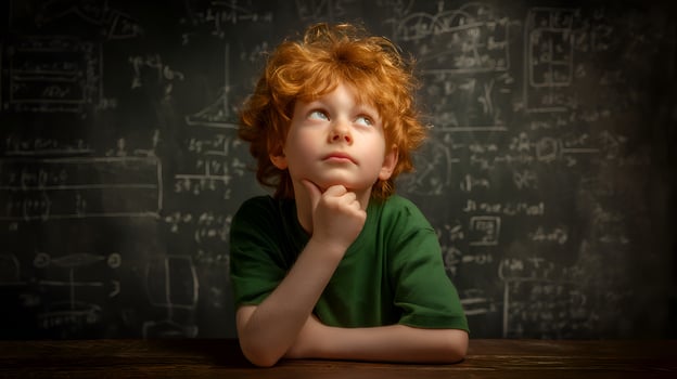 Redhead student thinking and looking up at math formulas on blackboard photo