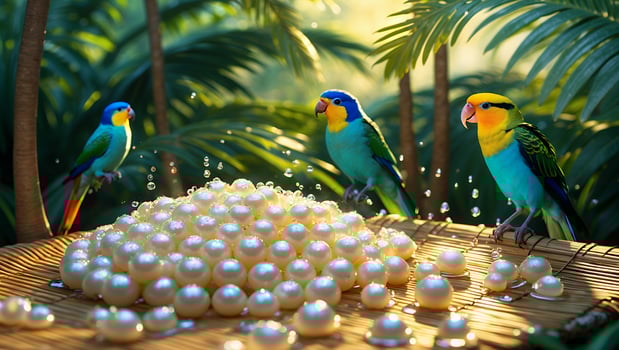 Parrots Watching Pearls Collection on a Wicker Surface in Nature photo