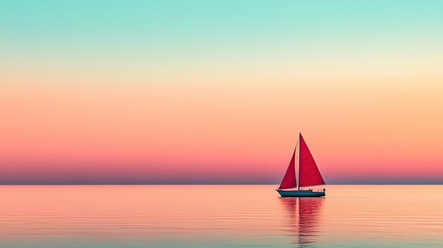 Vibrant red sailboat glides through calm ocean waters under a colorful sunset sky photo