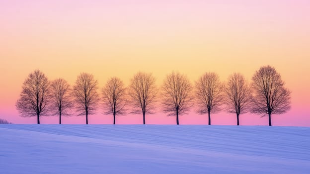 Bare trees stand in snowy field under gentle pink and orange sunset winter sky photo