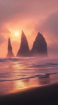 Sunrise paints the ocean and Reynisdrangar basalt stacks in dreamy pink and gold hues photo