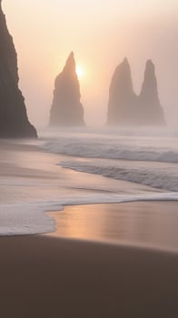Golden sun rises behind the misty sea stacks at a tranquil beach landscape photo