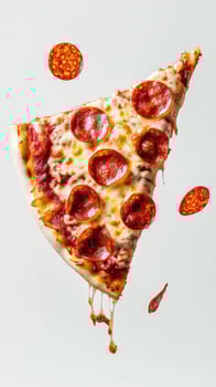 A tempting slice of pepperoni pizza with melted cheese and flying pepperoni is on display photo