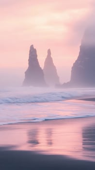 Pink sunset illuminates jagged cliffs rising from the ocean at Reynisfjara black sand beach photo