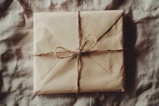 Square package wrapped in plain kraft paper tied with twine is presented on crinkled fabric photo