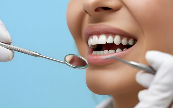 Closeup of dental checkup with healthy white teeth and smile oral hygiene and dentist examination concept photo