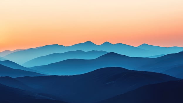 Layered blue mountains recede into the distance under a bright orange sunset sky view photo