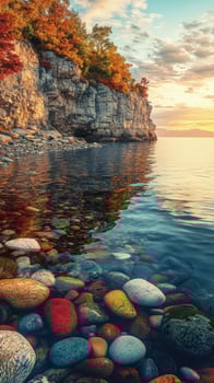 Colorful rocks rest beneath clear water near a majestic cliff at sunset photo