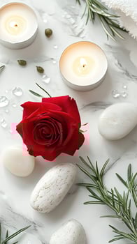 Red rose rests near smooth stones and candles on bright marble surface photo