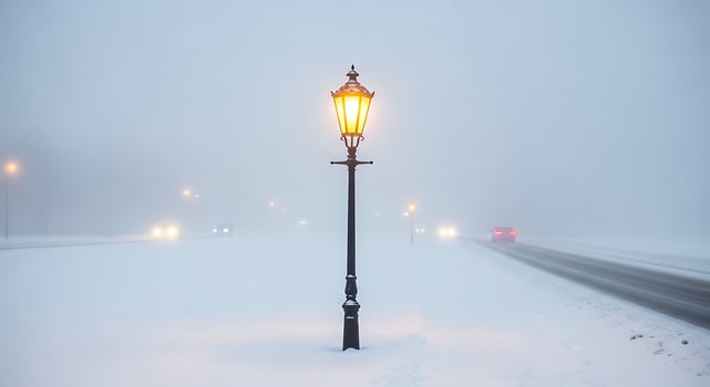A street lamp glows in the fog, illuminating a snowy winter road at night photo