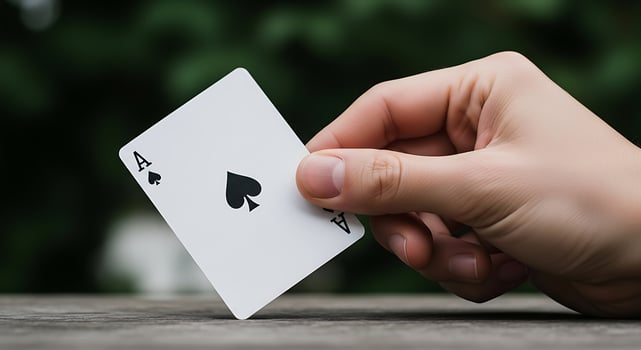 Hand holding an ace of spades card against a blurred green background photo