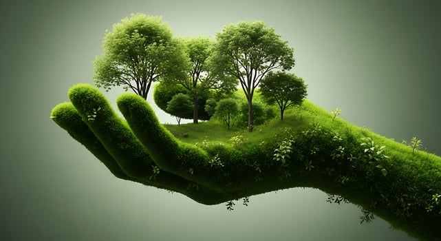 A hand holding a miniature forest, symbolizing environmental care and sustainability photo