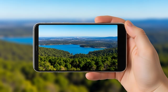A hand holds a phone displaying a scenic view of a lake and forest photo