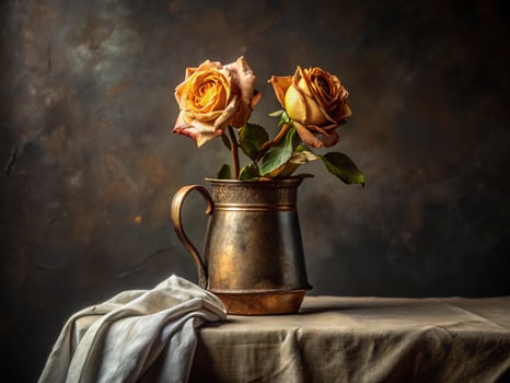 still life with roses in a copper jug on a table photo