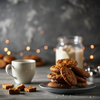 a stack of cookies and a cup of coffee on a table photo