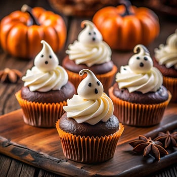 halloween cupcakes with ghost decoration photo
