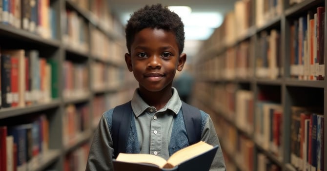 Adorable African-American schoolboy smiling brightly with backpack and book in library. Heartwarming portrait of early education enthusiasm and youthful curiosity photo