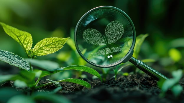 Seedling Examination CloseUp of New Growth with Magnifying Glass in Soil Environmental Science Concept photo