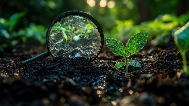 Seedling Under Magnifying Glass Examining New Growth, Agriculture, Science, and Sustainability in Soil with Sunlight. photo