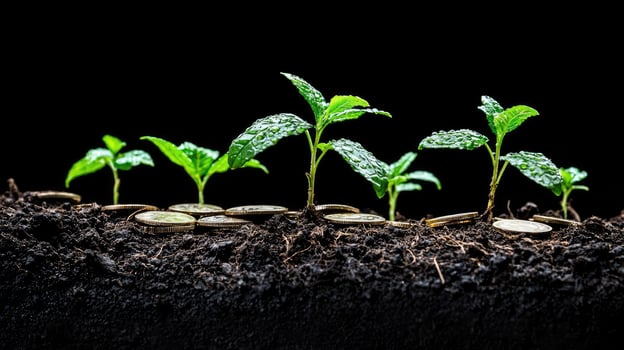 Seedlings Growing from Soil with Coins, Symbolizing Financial Growth and Investment on Black Background photo
